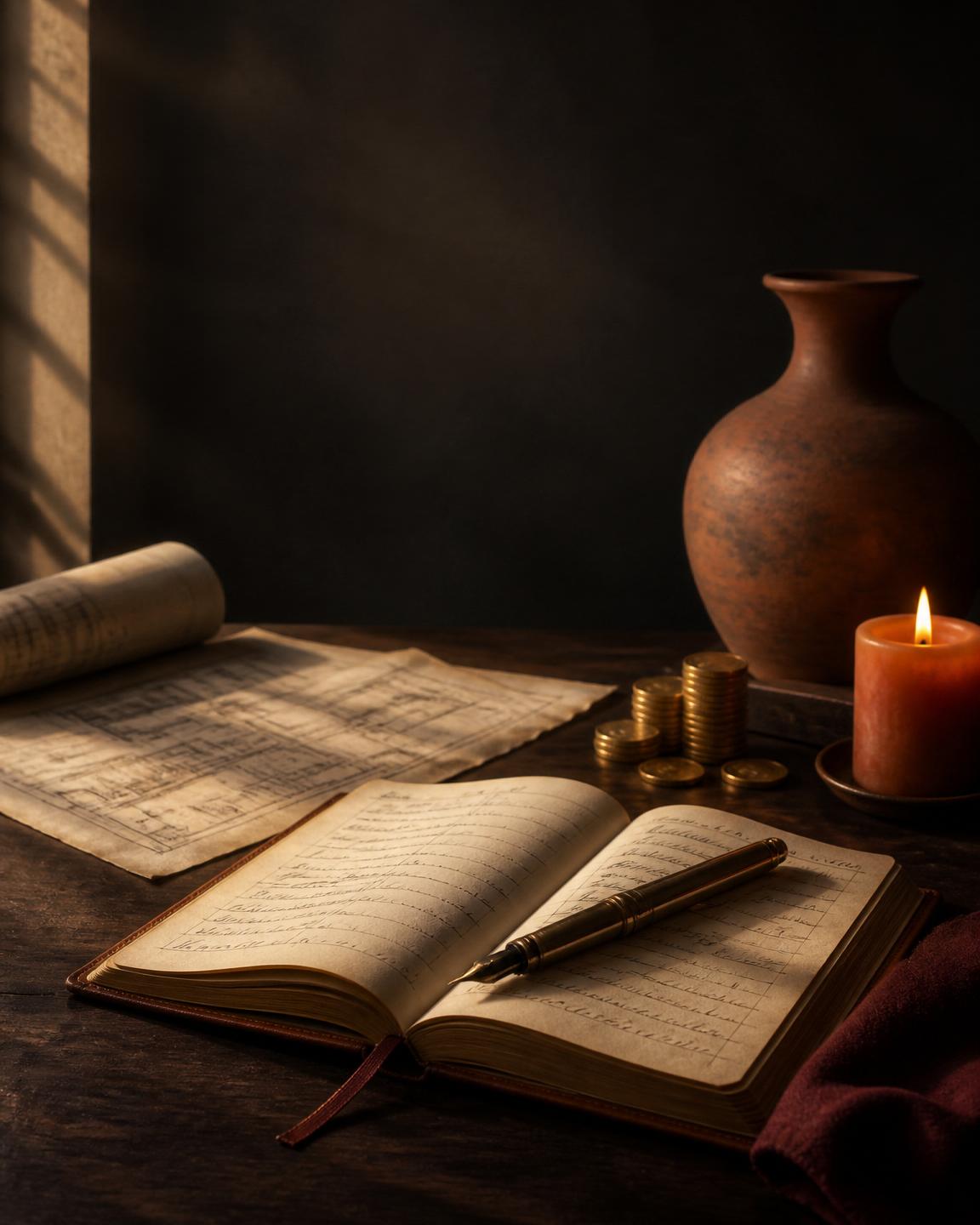 Editorial still life — ledger, blueprints, gold coins, and a lit candle representing two decades of building